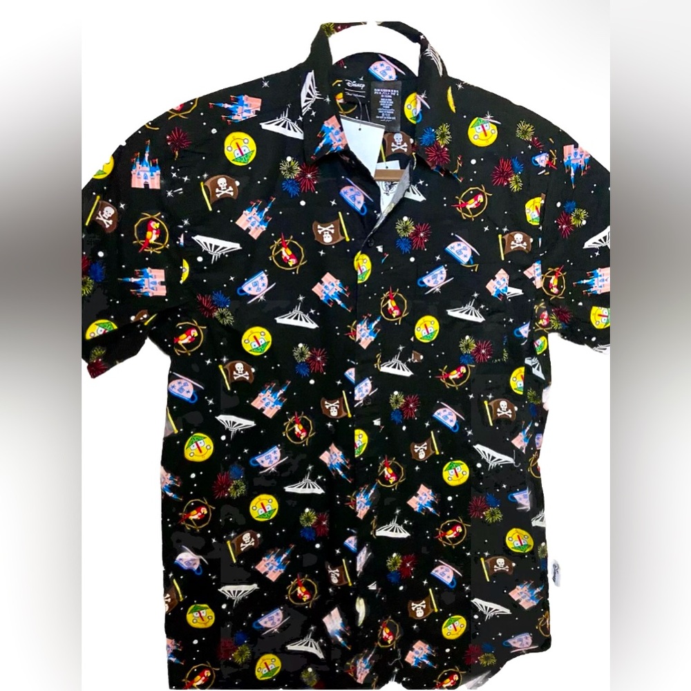 Disney Her Universe Park Icons Black Button Down AOP Shirt Size XS Disney Parks